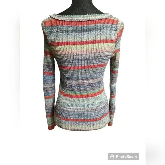 Free People Sunshine Daydream Keyhole Sweater in Multi Striped Combo - Picture 2 of 3